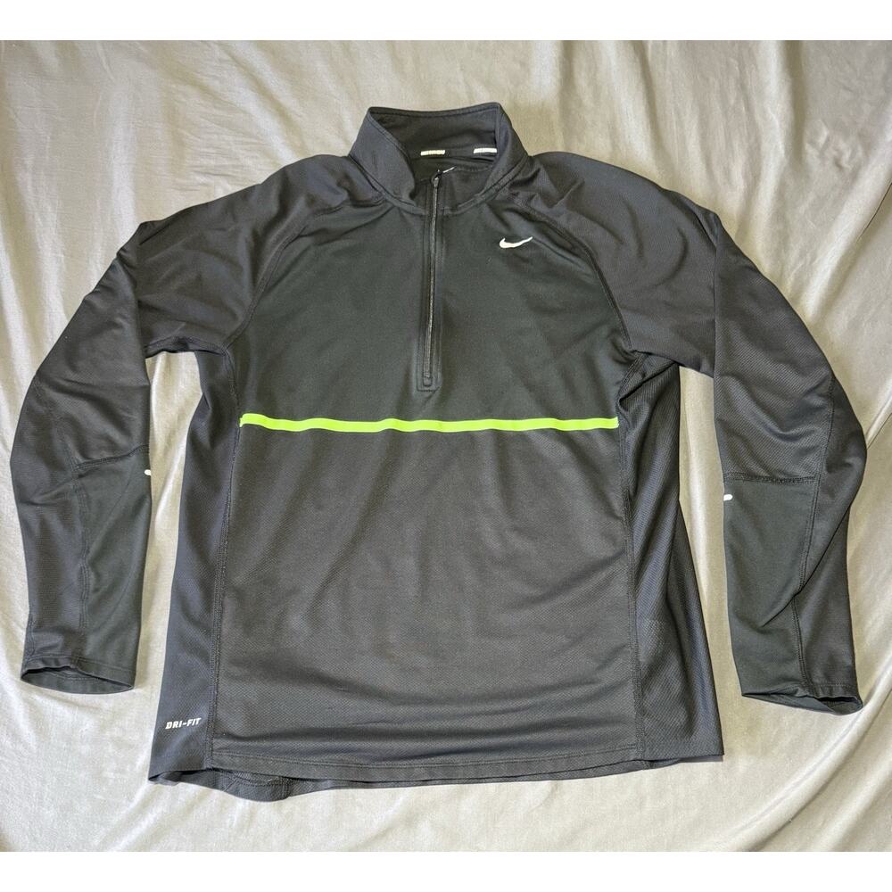 Nike Dri-FIT Running‎ 1/2 Zip Pullover Mens Large Black Neon Stripe Athletic